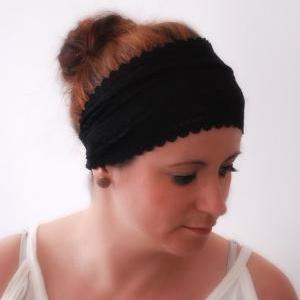 Wide Black Hair Wrap Stretch Lace Headband