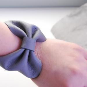 Cool Grey Leather Bow Bracelet Leather Wrist Cuff..