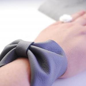 Cool Grey Leather Bow Bracelet Leather Wrist Cuff..