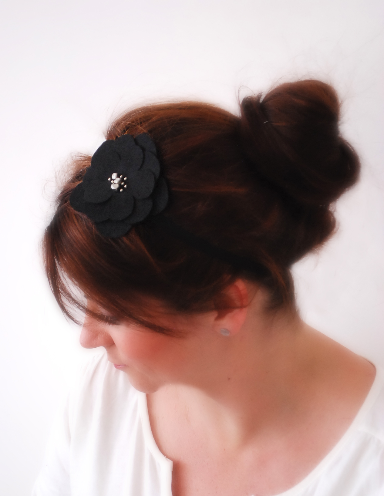 Elegant Black Flower With Beads On A Thin Black Elastic Band Faux Suede Look Feminine